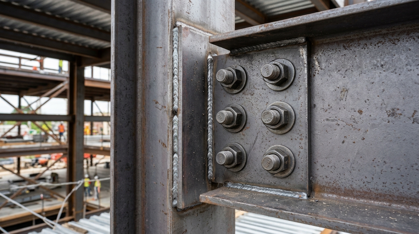 Structural steel bolted connection detail with plates and welds