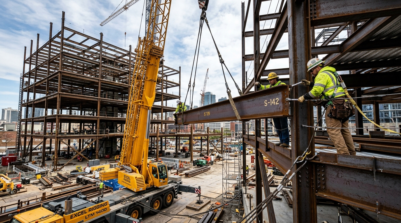 Steel erection site with crane lifting a beam into a multi storey frame