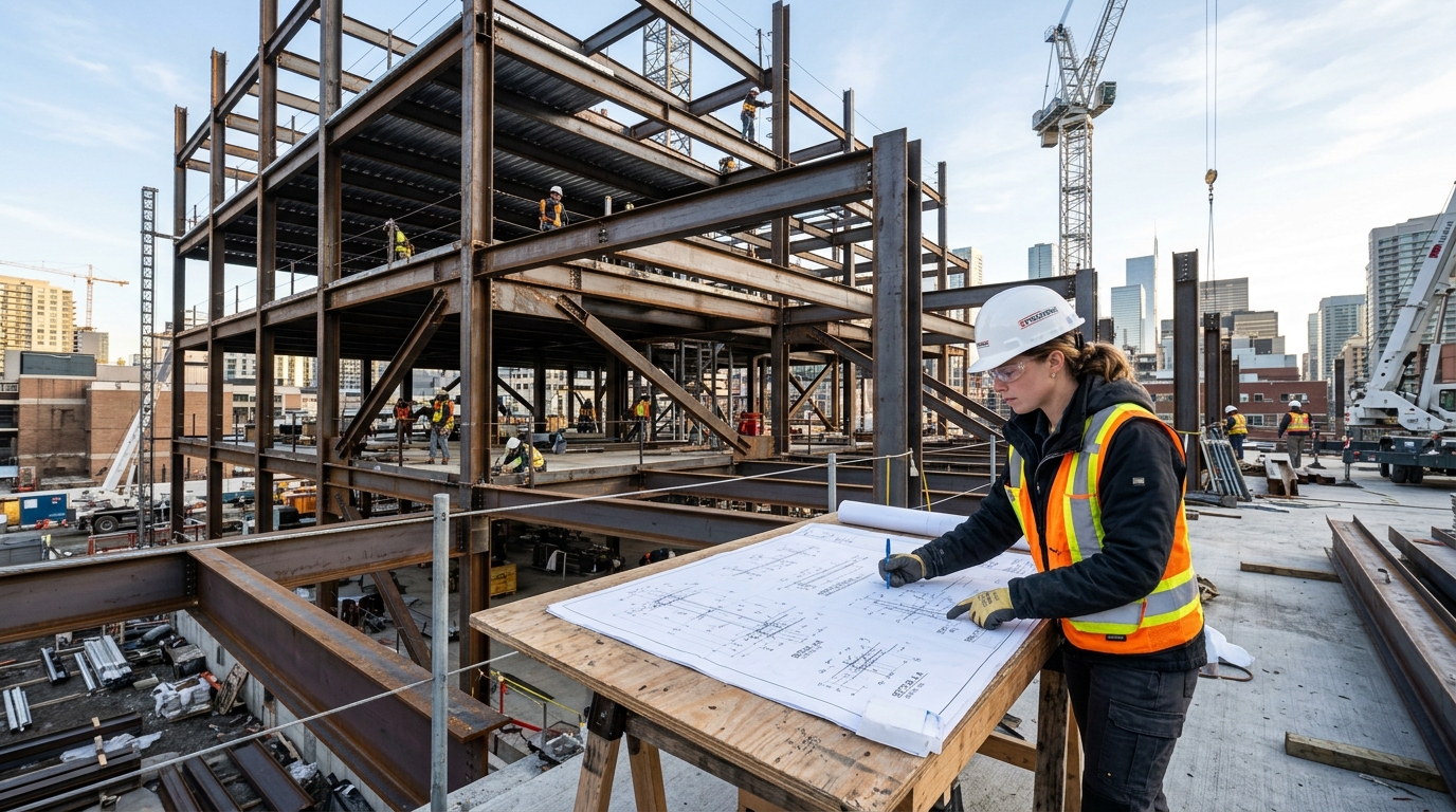Commercial structural steel frame under construction, engineer reviewing shop drawings