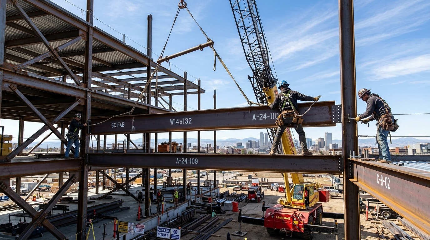 Crane hoisting steel beam into place on commercial multi storey framework guided by ironworkers with erection drawings