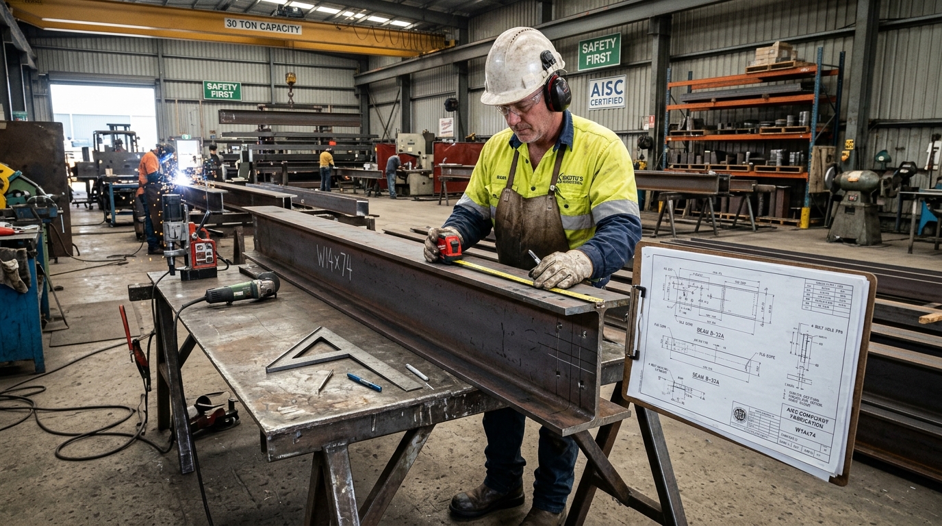 Structural steel fabrication workshop fitter measuring beam cut length and coping with fabrication sheet