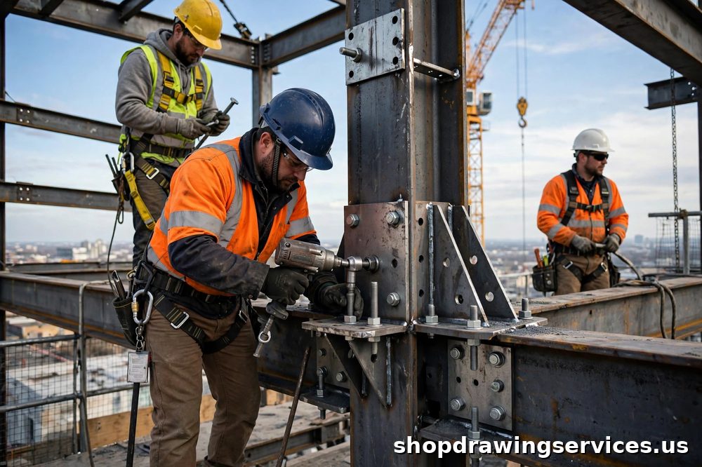 Ironworkers bolting a steel moment connection on a building frame at height