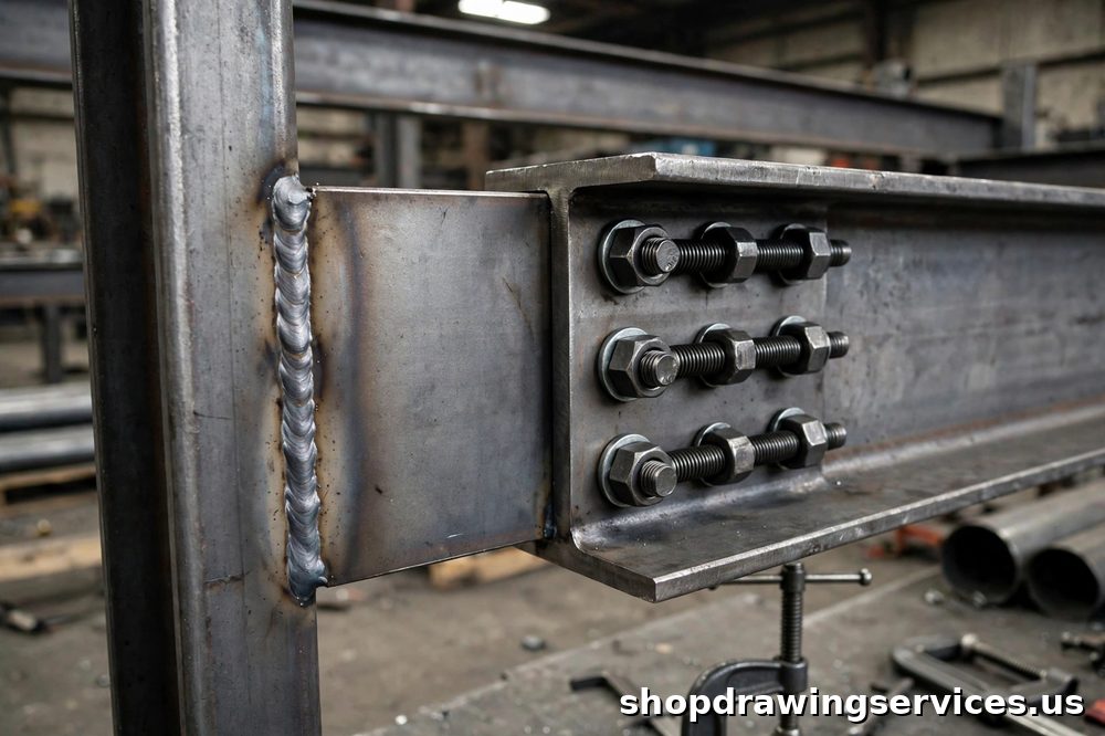 Bolted steel shear tab connection with a single plate welded to a column and bolted to a beam