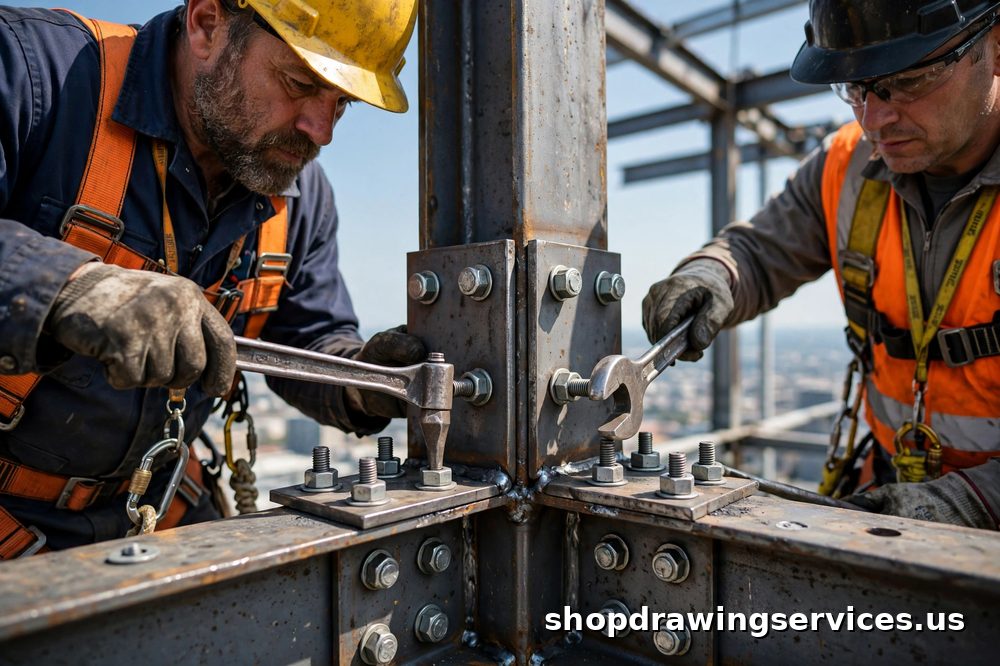 Ironworkers tightening bolts on a steel beam to column connection on a building frame