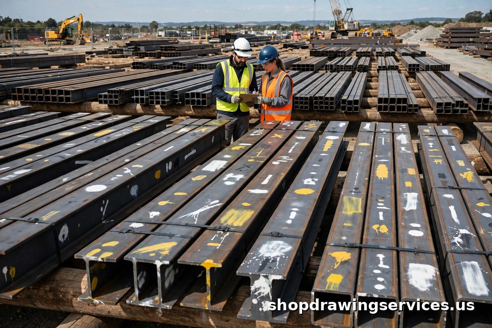 Sorted bundles of structural steel beams laid out in a laydown yard with painted piece marks visible, ready for shake-out
