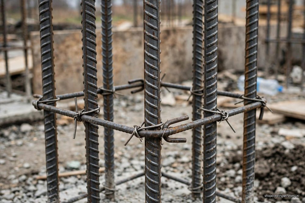 Tied rebar cage for a concrete column with vertical bars and horizontal ties
