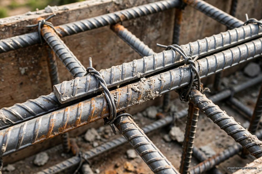 Close-up of tied lap splice in a rebar cage showing overlapping reinforcing bars secured with wire ties