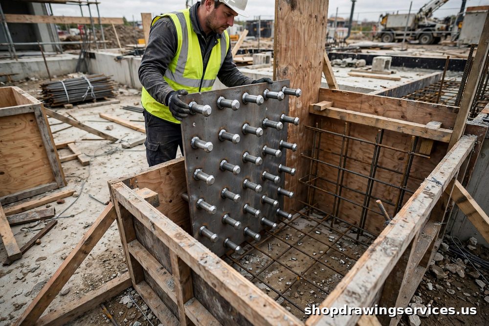 Steel embed plate with headed studs being set into concrete wall formwork on a construction site