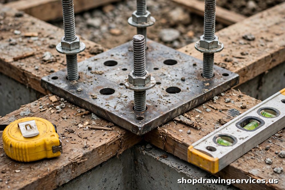 Steel anchor bolt template with threaded rods, nuts and washers fixed to formwork over a concrete footing